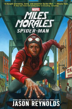 A young black man with spider man on a train