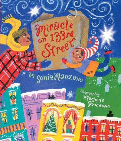 Book Cover: Man and small child holding box, flying above the houses on a city street