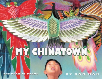 Book Cover a Chinese boy looking up at paper dragons and decorations