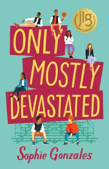 Two racially diverse teen boys sitting on the bleachers along, with other diverse teens sitting on the title words.