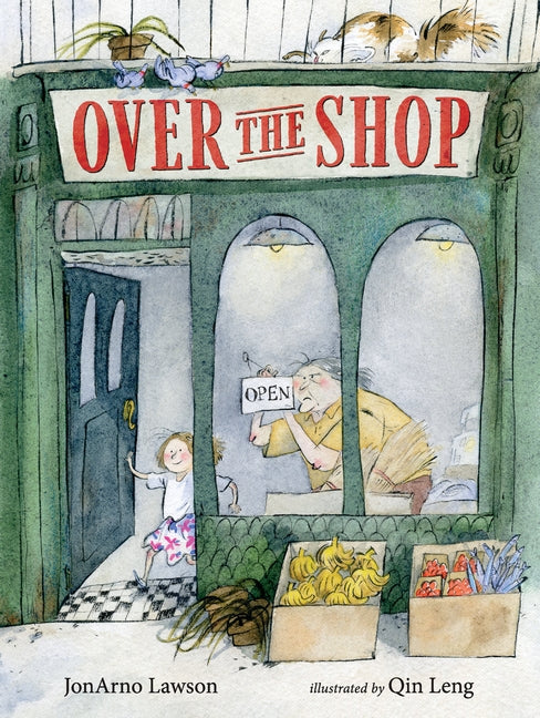 Elderly man opening his general store with his granddaughter.