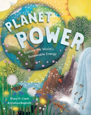 A drawing of the planet  with a waterfall, sun, rain. butterflies and fish and birds