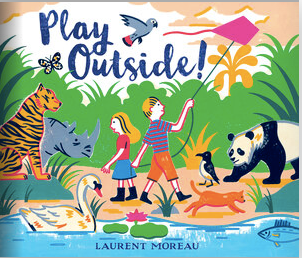 two children, one holding a pink kite, are on the bank of a river. There is greenery and a tiger, swan, rhino and polar bear in the scene.