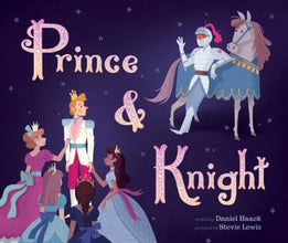 Book cover: Blond haired prince surrounded by princesses looking back towards a horse and Knight in Shining armor