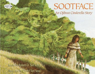 Book cover: a Native American girl with brown dress, in front of image of man in greenery