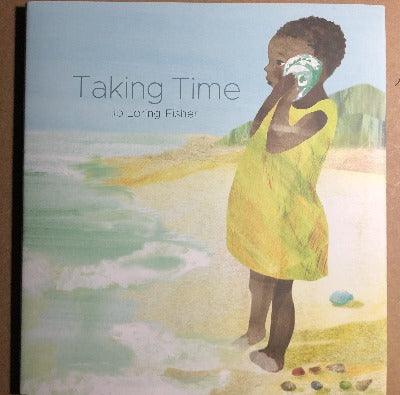 Book cover; a young Black girl holding a shell to her ear with her toes in the sand, at the ocean