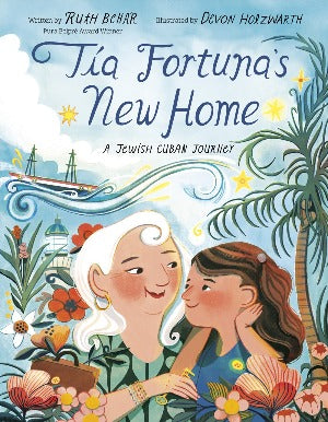 a young girl with long brown hair and an older woman with white hair are surrounded by flowers , palm trees and the ocean