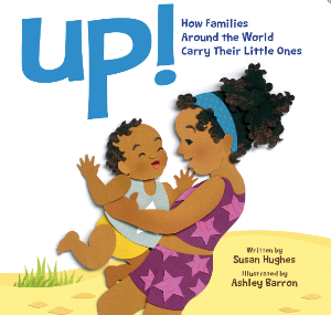 a  woman with brown skin and black curly hair is  picking up a baby . They are on the beach