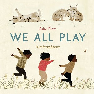 3 children hopping and skipping through the gras with some beautiful playful bobcats
