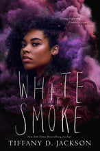 A black girl surrounded by purple clouds of smoke and house