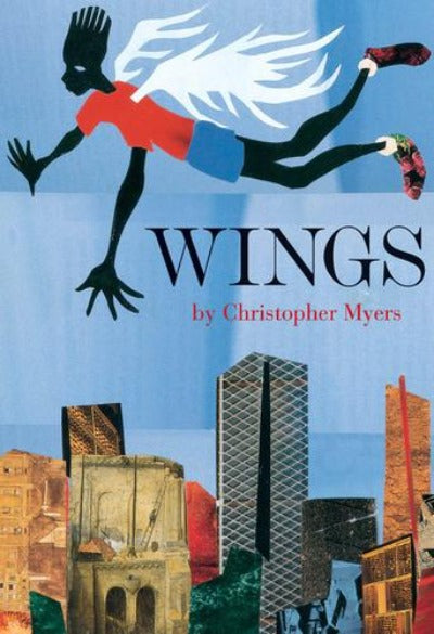 Cityscape with black boy with wings floating in the sky