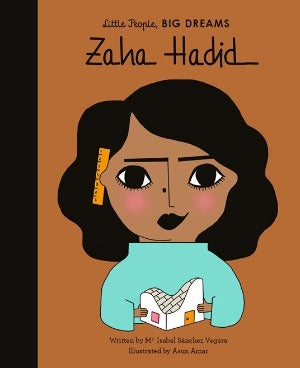 a young Zaha with a ruler behind her ear and a small model building