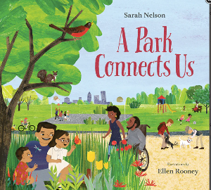a park setting with a person with two children sitting under a tree and watching the birds,an african american man in a wheelchair with an african american woman taking a walk, and other people playing in the distance 