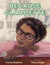 a painted image of Claudette who is wearing a pink outfit and glasses.