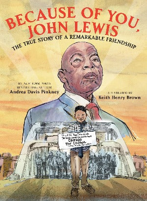 a painting of John Lewis is in the background, with a bridge on which a young boy is walking forward holding a banner.