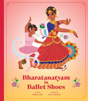 a young girl wearing a pink leotard and tights is dancing along with an adult dancer who is wearing traditional bharatanatyam dress