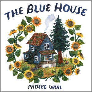 a blue two story house with a front porch and smoke coming out of the chimney is srrounded by sunflowers and a fir tree. The father is playing the guitar and the son swinging on a tire swing