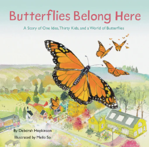a monarch butterfly is center with images of others flying in the background above a community with buildings and trees