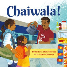 a young girl and her mother are standing at a food stand while the chaiwala makes a pot of hot spciy tea