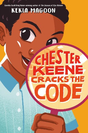 a young African American teen wearing a blue collared shirt is holding up a magnifying glass as if looking for clues.