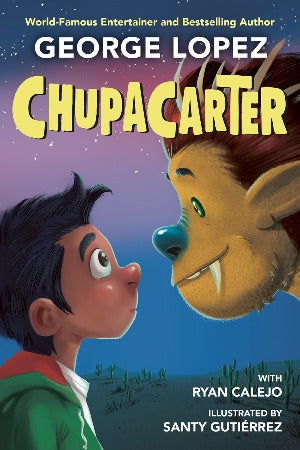 a young boy with black hair is looking up towards a mythical creature with a blue noes, fangs and brushed back hair