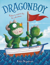 a boy wearing a green dragon costume, next to his dragon friend on a boat named adventure