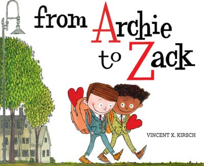 Two boys, one white and one Black, walk side by side while wearing backpacks. One has a heart in his backpack, while the other has a heart in his pocket.