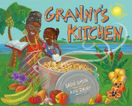 a grandmother with black hair and dark brown skin is with her granddaughter and they are on an island cooking with the fruits and vegetables that surround them