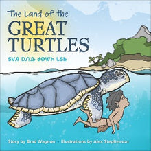 a giant turtle is swimming towards the short with a young boy 