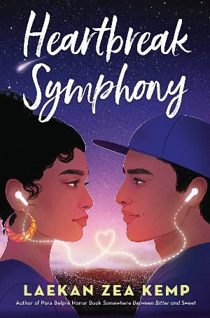 a young man wearing a baseball hat and a young woman with her dark hair up in a bun, are connected by a set of headphones that make the shape of a heart in the cord