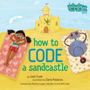 a young girl with brown skin and black hair, wearing a swimsuit and heartshaped sunglasses lying on a towel, next to a sand castle and a robot who is also lying on a towel