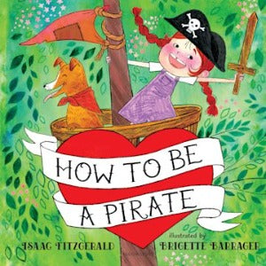 a young girl with red hair in braids wearing a pirates hat and holding a sword, next to a puppy in the crows nest of a ship