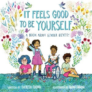 Four diverse young people, two sitting on the ground holidng plant seedlings,  one using a wheelchair and playing an instrument, and one standing and waving.