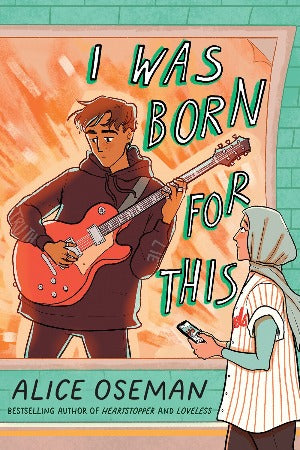  a muslim young adult wearing hijab, walks past a poster of a rock band with the lead guitarist playing guitar.