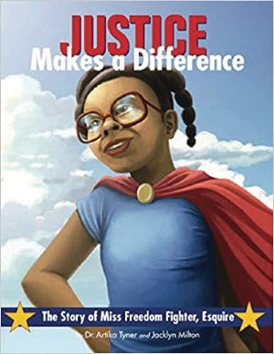 a young African American girl wearing a blue top , red cape and glasses is looking towards the sky