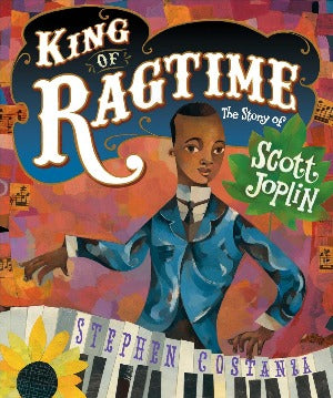 a collage style image of a black man in a blue jacket playing a keyboard which is wavy . The background is oranges and purples and a sunflower is in the corner