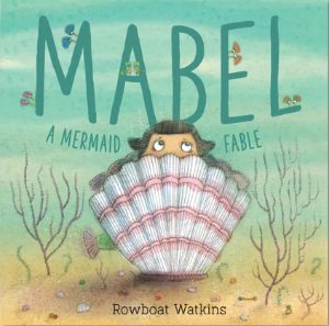 a young mermaid is hiding inside a white and red clam shell with just her eyes showing