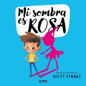 a young boy with yellow t-shirt and blue pants is looking at a shadow which is pink and wearing a dress.
