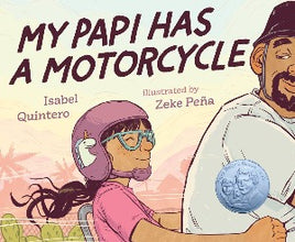 a young girl wearing a pink helmet with a unicorn is riding on the back of a motorcycle with her papi on the front.