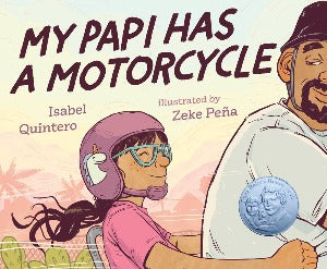 a young girl wearing a pink helmet with a unicorn is riding on the back of a motorcycle with her papi on the front.