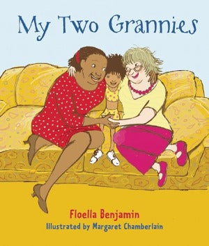 a Black Granny and a white granny and their bi-racial granddaughter sitting on the couch together.