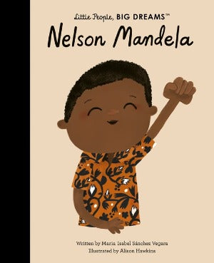 a young nelson mandela wearing a brightly colored shirt and holding a fist in the air