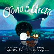 oona a black mermaid with a huge fro is shown with her best friend otto and a baby beluga whale in front of the northern lights