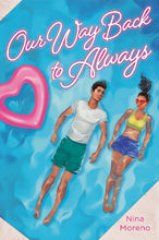 two young adults one man wearing green swimshorts and a white t-shirt and a girl wearing blue swim shorts and a tank are floating in a swimming pool with a heart shaped pool float.