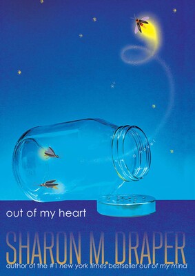 A glass jar lying on it's side with fireflies escaping