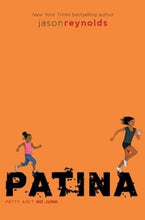 On a bright orange cover, "Patina" is written in large black letters at the bottom of the page. Two illustrated young girls are using the letters as stepping stones as they run across the page.
