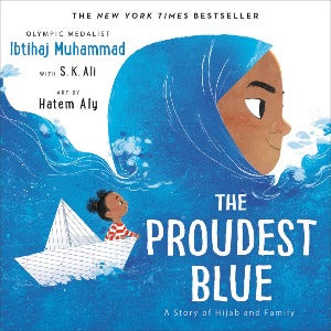 a girl in a small paper boat looking up at the head of her sister who is wearing a hijab the color of the ocean they are both surrounded by