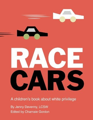 A white car and a black car with the white car leading and the title.
