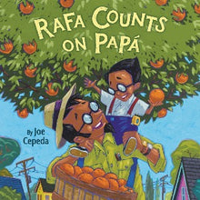a young boy sits on his fathers shoulders , both wearing glasses, as they pick oranges from a. tree and put into a basket