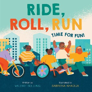 a group of diverse kids one on e a bike and one using a wheelchair are rolling and running across the page.